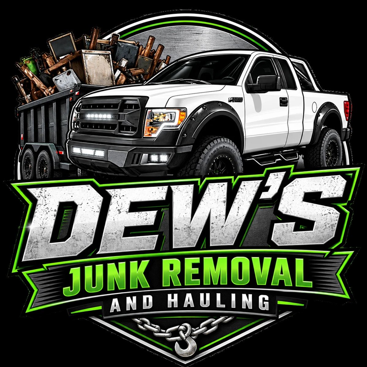 Dew's Junk Removal and Hauling logo — white pickup truck loaded with junk and green Dew's wordmark